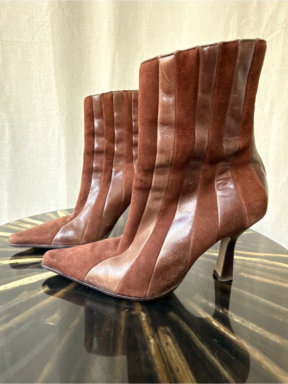 Women's Brown Suede & Leather Striped Ankle Boots High Heel